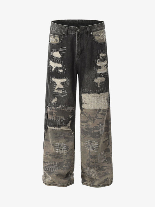 Ripped Camouflage Patchwork Baggy Jeans 