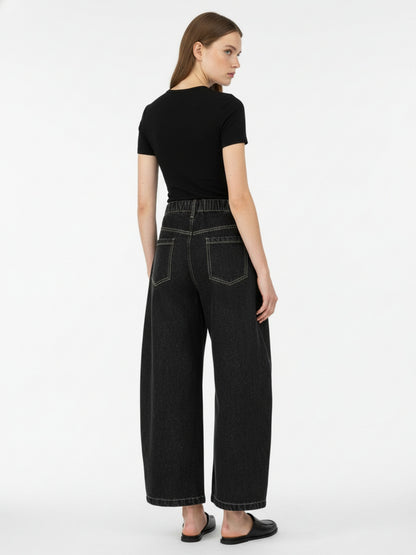 Patchwork Plaid Pleated Baggy Barrel Jeans - 2334