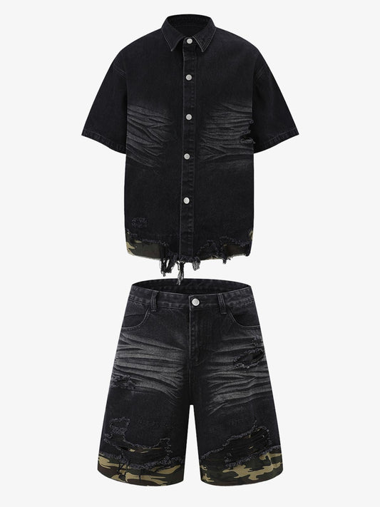 Thesupermade Patchwork Camouflage Ripped Shirt Jorts Denim Suit 