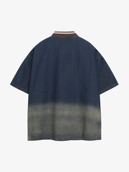 Vintage Distressed Washed Gradient Denim T-shirt 