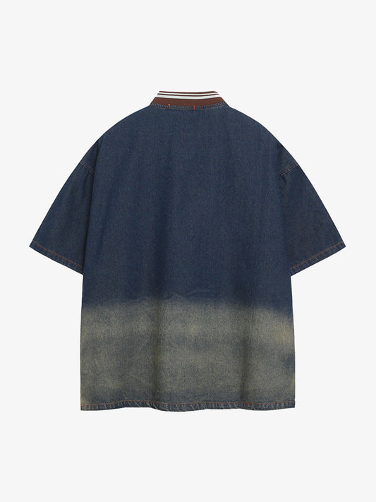 Vintage Distressed Washed Gradient Denim T-shirt 