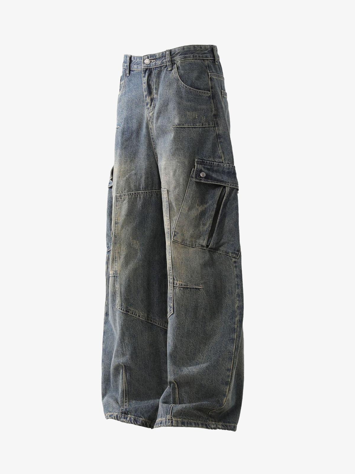 Washed Multi-Pocket Baggy Barrel Cargo Jeans 