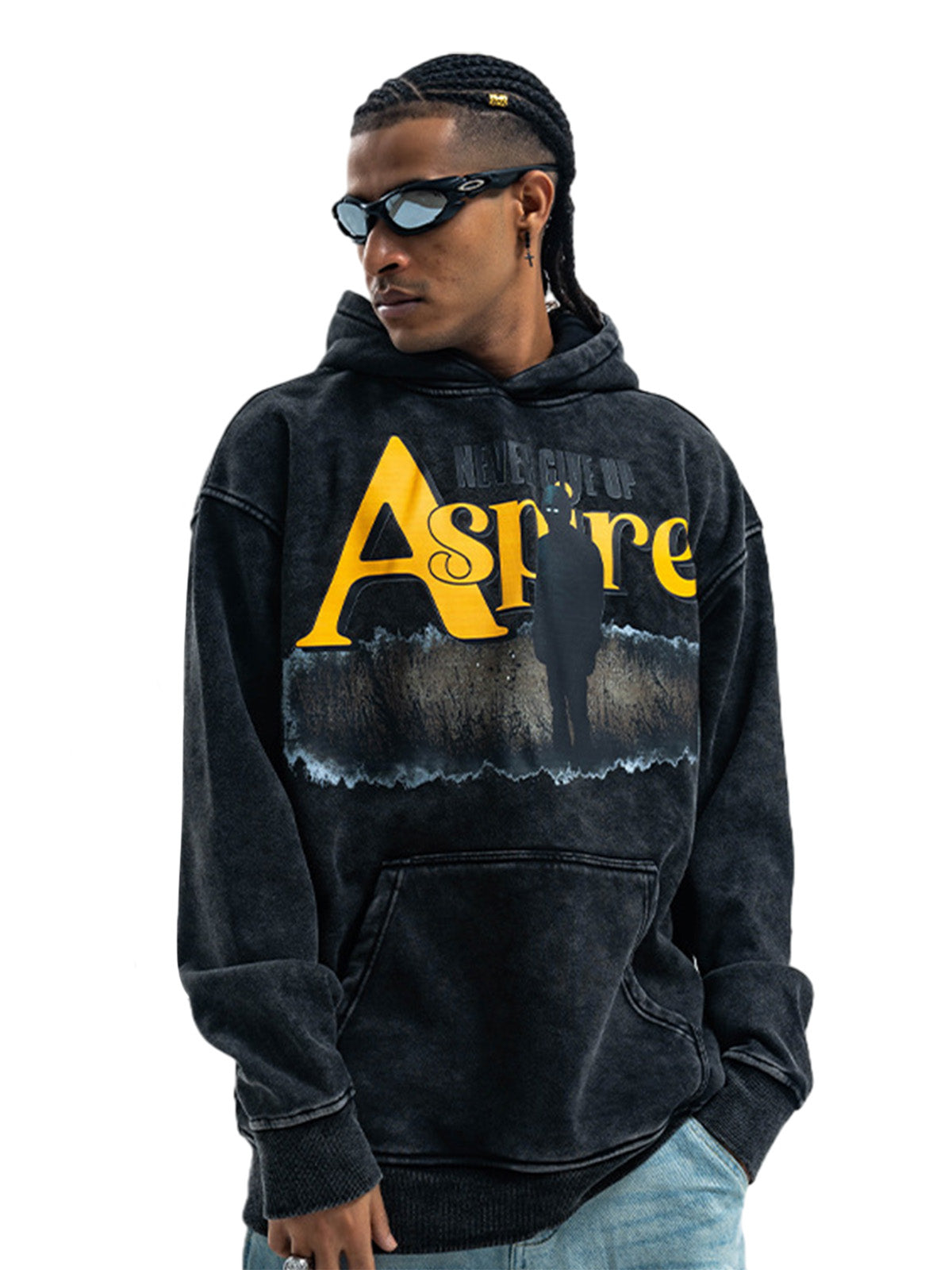 Heavy Washed Letter Portrait Print Fleece Hoodie 