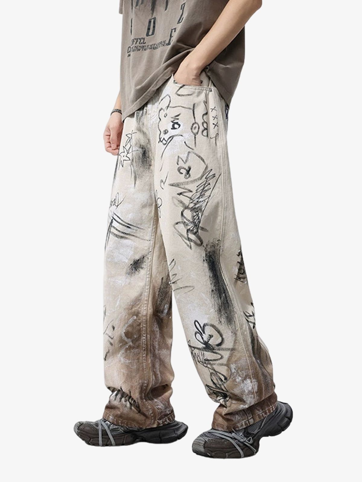 Distressed Washed Graffiti Baggy Jeans 