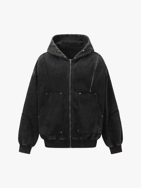 Street Washed Distressed Stitching Rivet Hooded Jacket 