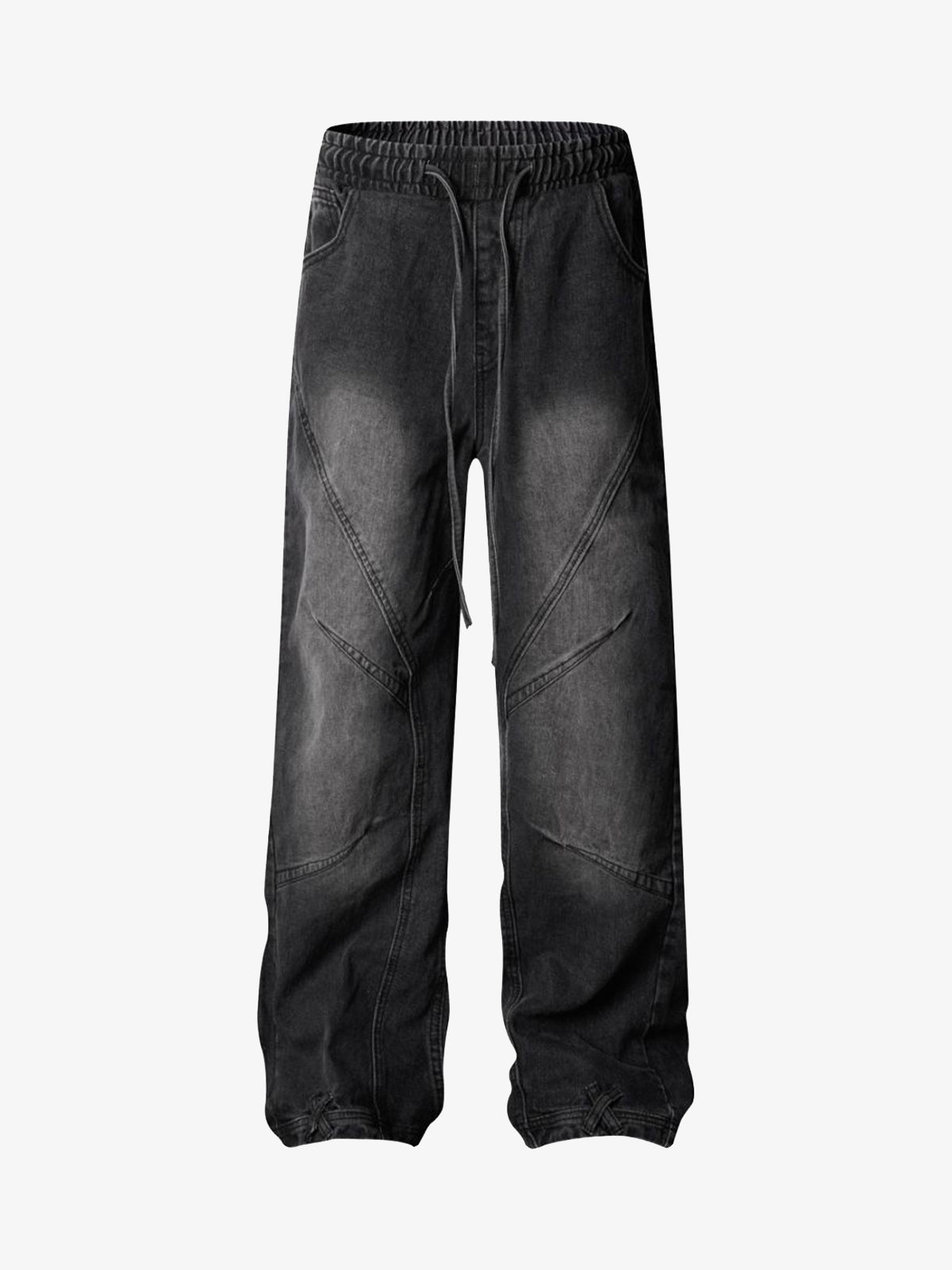 Washed Distressed Deconstructed Split Drawstring Jeans 