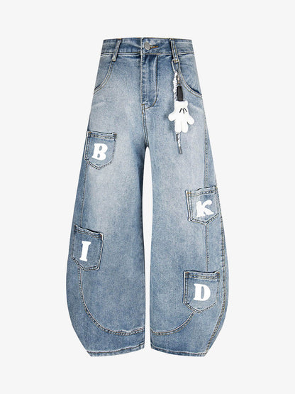 Fun Letter Pocket Barrel Jeans 