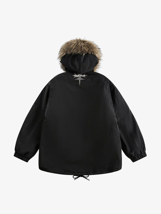Embroidered Fur Hooded Quilted Jacket 