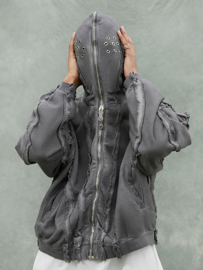 Thesupermade Heavy Washed Distressed Full Zip Hoodie - 2057 