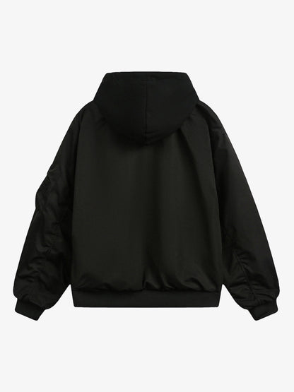 Faux Two-Piece Pleated Spliced Hooded Bomber Jacket 