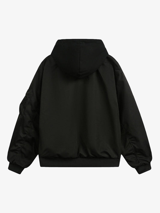 Faux Two-Piece Pleated Spliced Hooded Bomber Jacket 