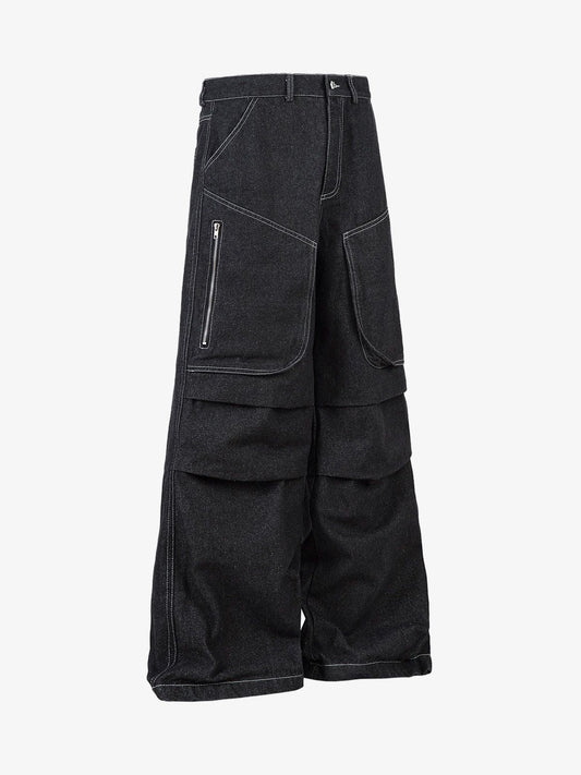 Deconstructed Split Topstitched Pleated Pocket Jeans 