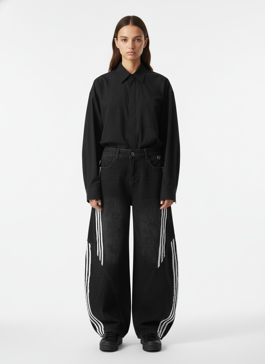 Denim Contrast Striped Stitching Barrel Jeans - 2504