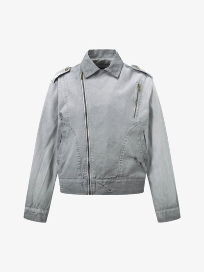 Distressed Irregular Zip Up Denim Jacket 