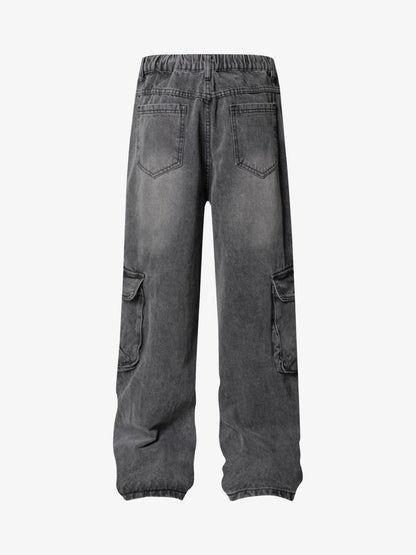 Washed Distressed Multi-Pocket Cargo Jeans 