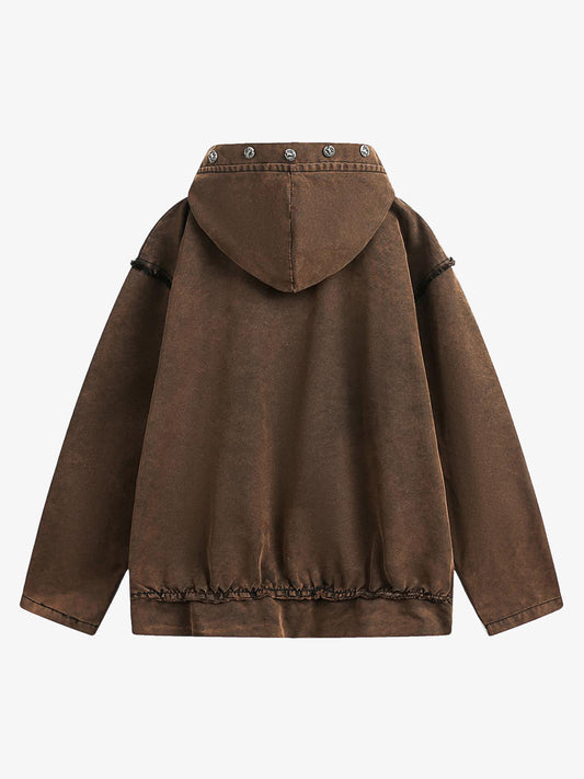 Distressed Washed Rivet Hooded Denim Sweatshirt 