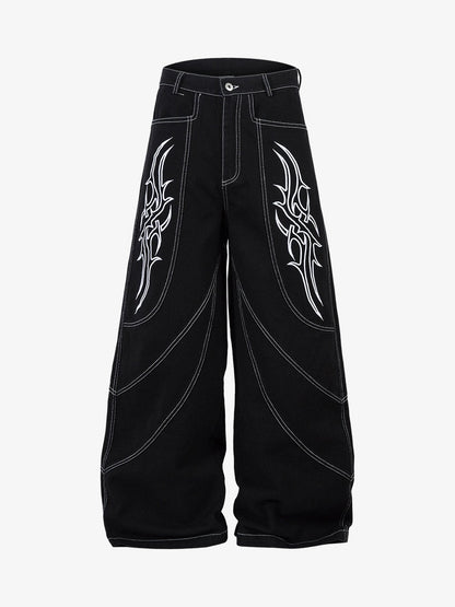 Deconstructed Contrast Embroidered Baggy Jeans - 2330 