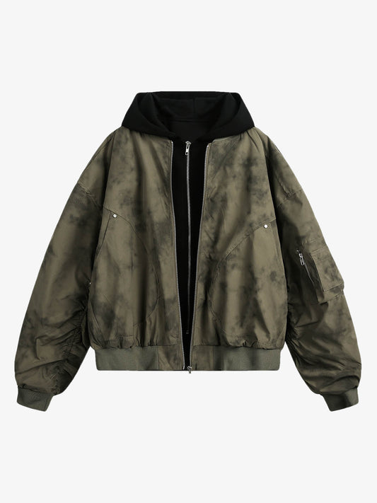 Patchwork Faux Two-Piece Gradient Hooded Bomber Jacket 