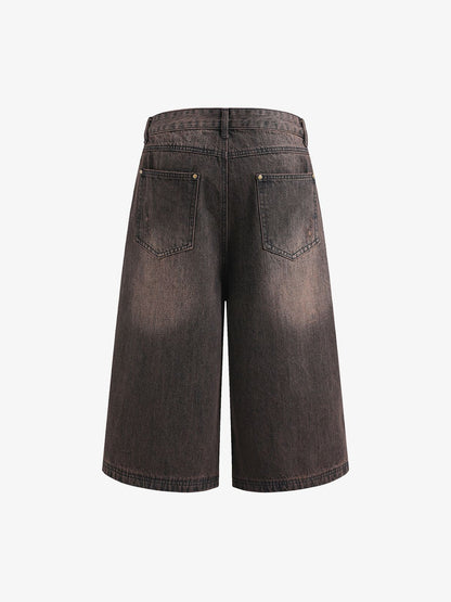 Distressed Washed Denim Cropped Jorts - 2399 