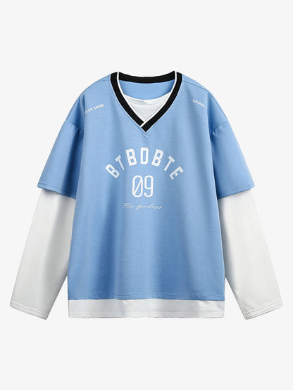 Faux Two-Piece Jersey Print Long Sleeve T-shirt - 2296 