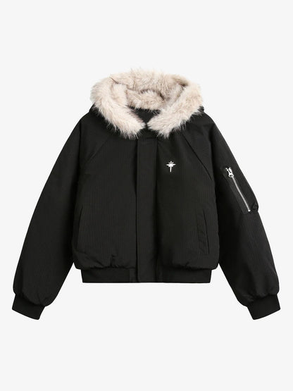 Retro Fur Hooded Fleece Bomber Jacket 