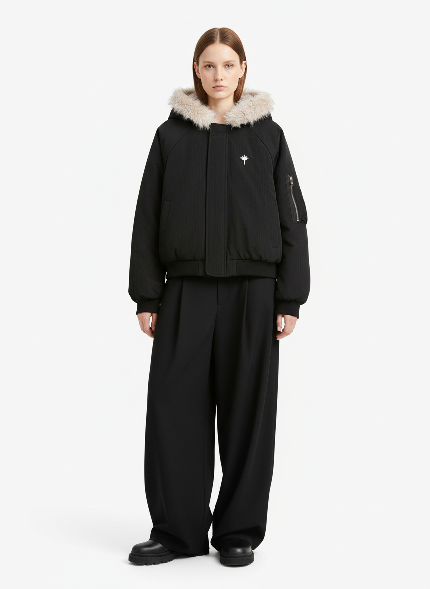 Retro Fur Hooded Fleece Bomber Jacket - 2478