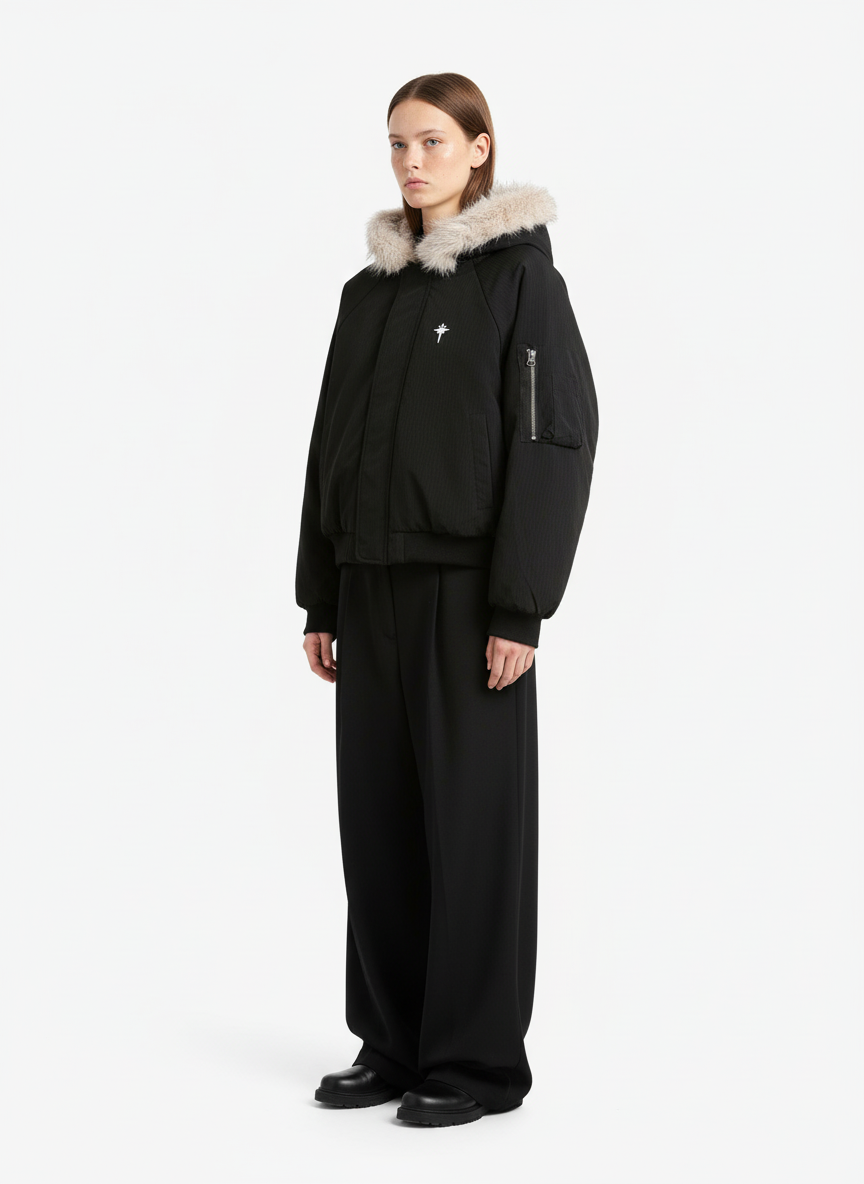 Retro Fur Hooded Fleece Bomber Jacket - 2478