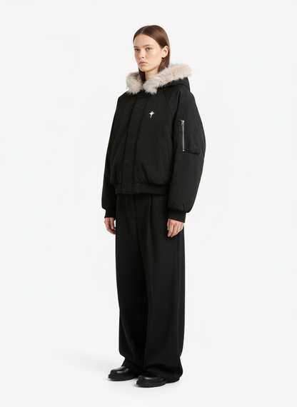 Retro Fur Hooded Fleece Bomber Jacket - 2478