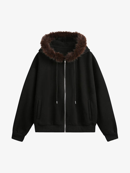 Fur Collar Stitching Cardigan Hoodie 