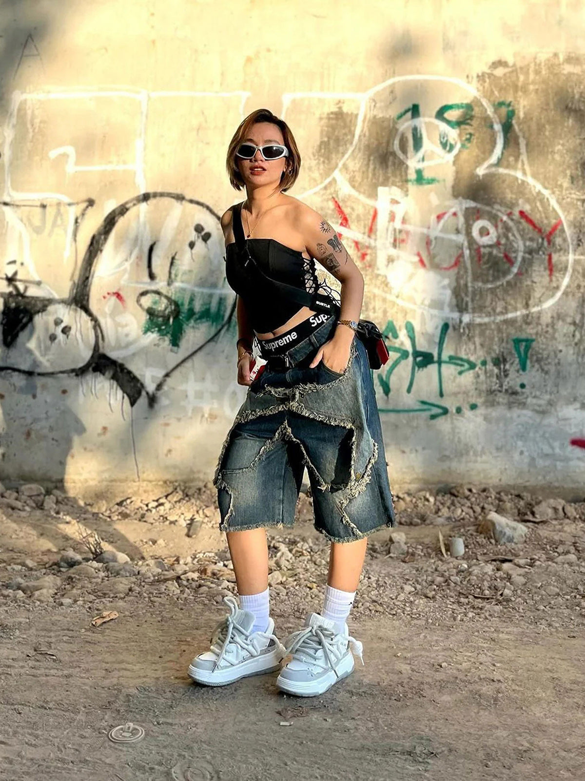 Thesupermade American Pentagram Tassel Patch Denim Shorts - 1681 