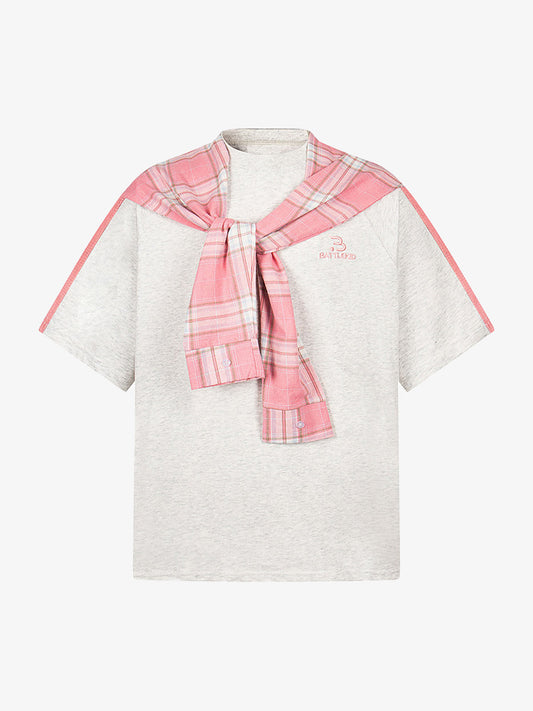 Plaid Patch Knotted Scarf T-Shirt 