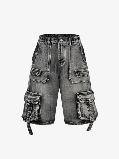 High-Waisted Multi-Pocket Denim Cargo Shorts 