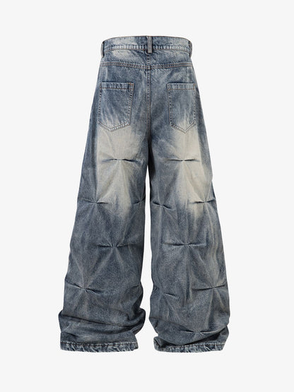 Distressed Washed Pleated Jeans 
