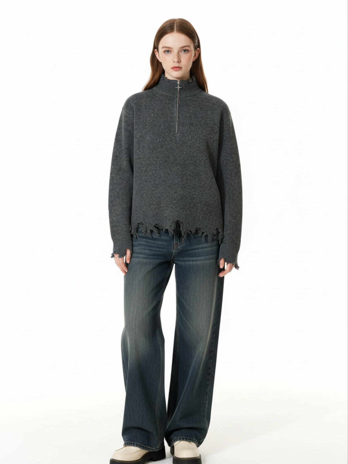 Distressed Quarter Zip Sweater