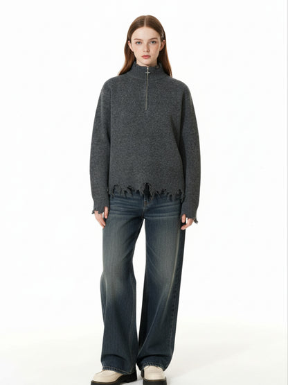 Distressed Quarter Zip Sweater