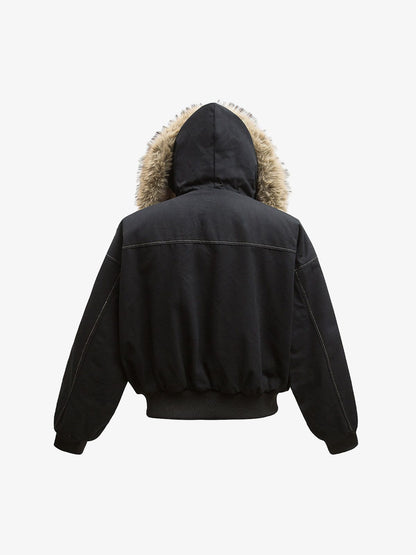 Fur Lined Zip Up Hooded Bomber Jacket 