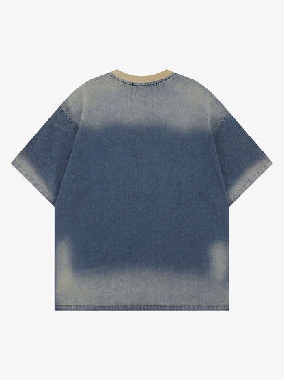 Distressed Washed Patchwork Gradient Denim T-shirt 