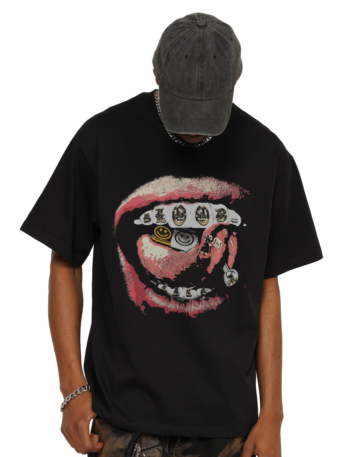 Street Retro Washed Lip Print T-shirt 