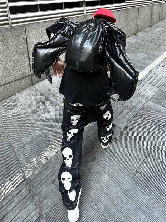 PU Leather Bat Wing Double Zipper Backpack