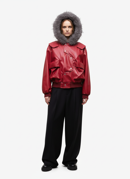 Deconstructed Multi Pocket Fur Hooded PU Leather Jacket