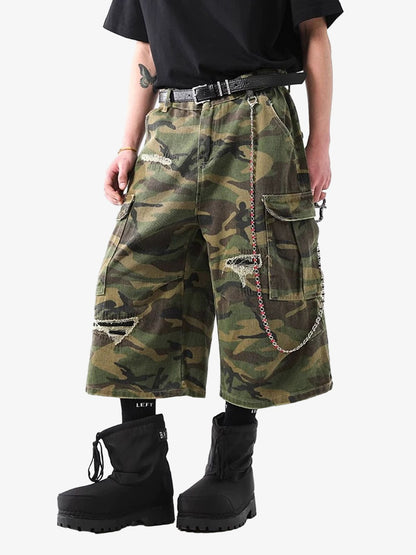 Retro Ripped Camouflage Cropped Jorts - 2387 