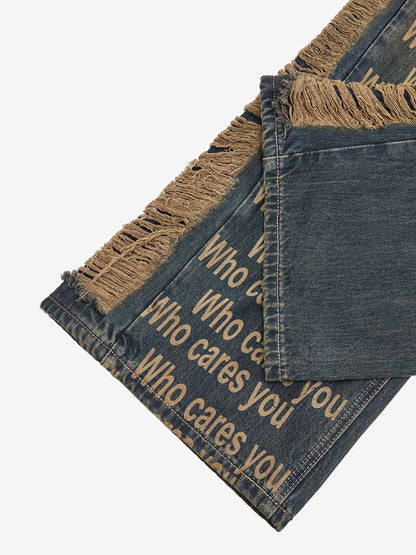 Washed Distressed 'Who Cares You' Print Straight Jeans - 2367 