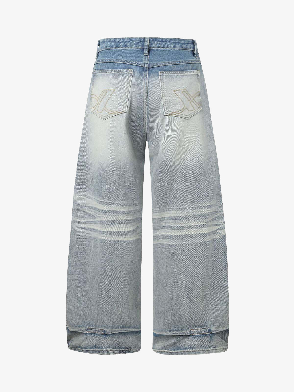 Distressed Washed Whisker Pleated Barrel Jeans 