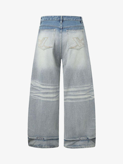 Distressed Washed Whisker Pleated Barrel Jeans 