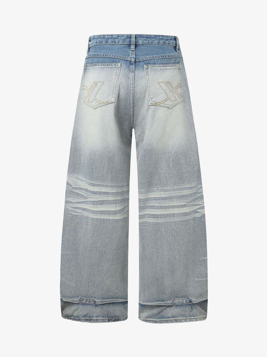 Distressed Washed Whisker Pleated Barrel Jeans 