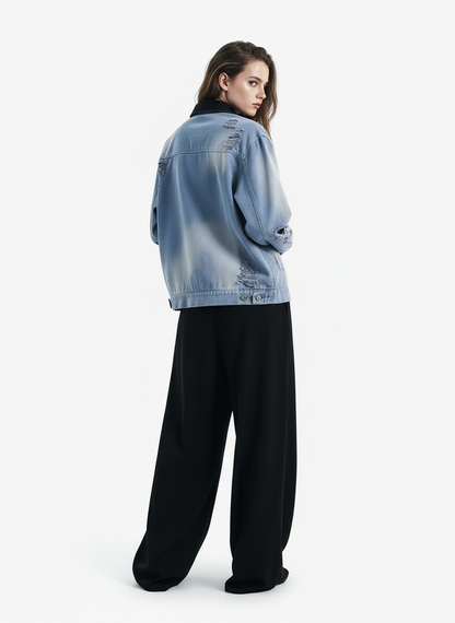 Ripped Graffiti Washed Zip Up Denim Jacket