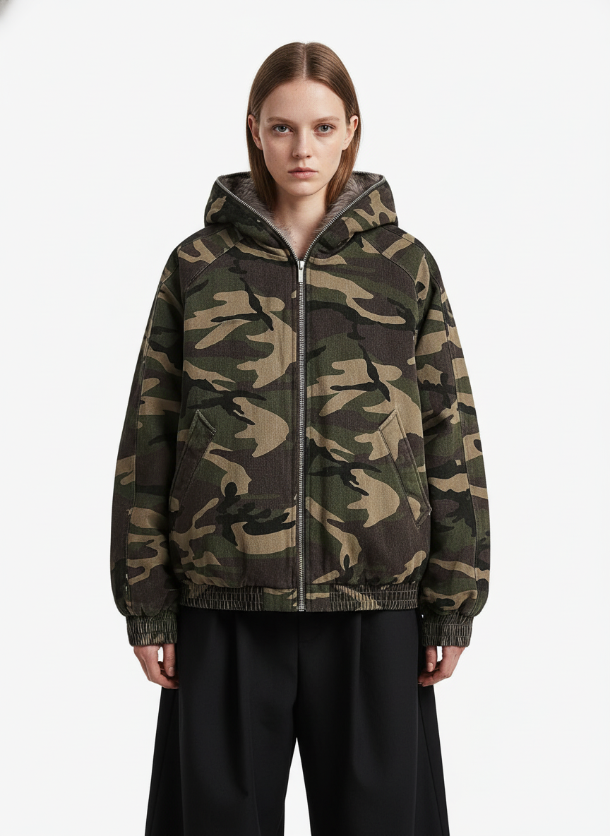 Thesupermade Camouflage Fur Collar Hooded Quilted Jacket
