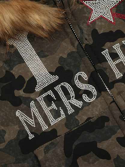 Hotfix Rhinestones Camouflage Fur Hooded Fleece Jacket - 2357 