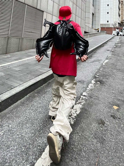 PU Leather Bat Wing Double Zipper Backpack