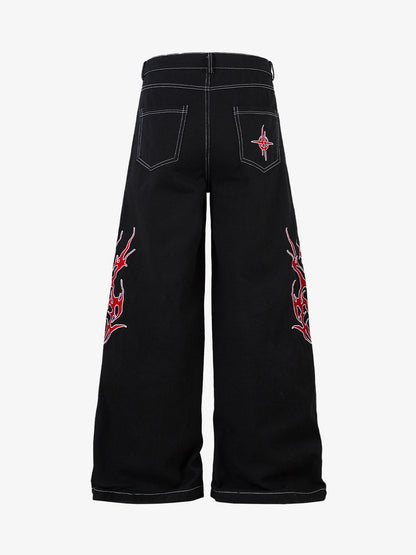 Contrast Flame Embroidered Baggy Jeans - 2364 